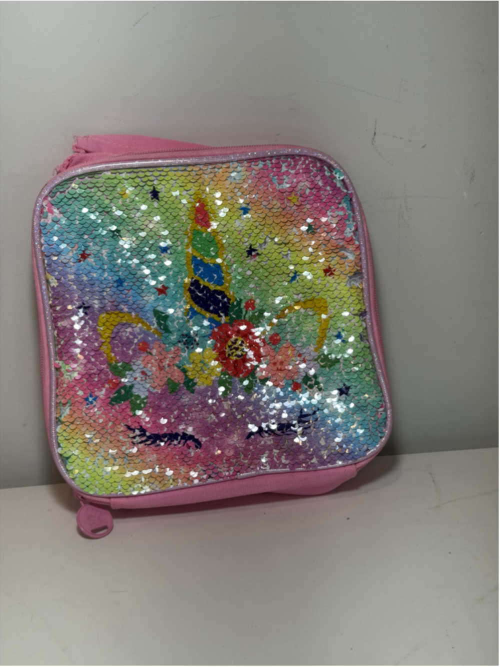 Pink Reversible Sequin Unicorn Lunch Box Bag Kids School Travel Tote #F